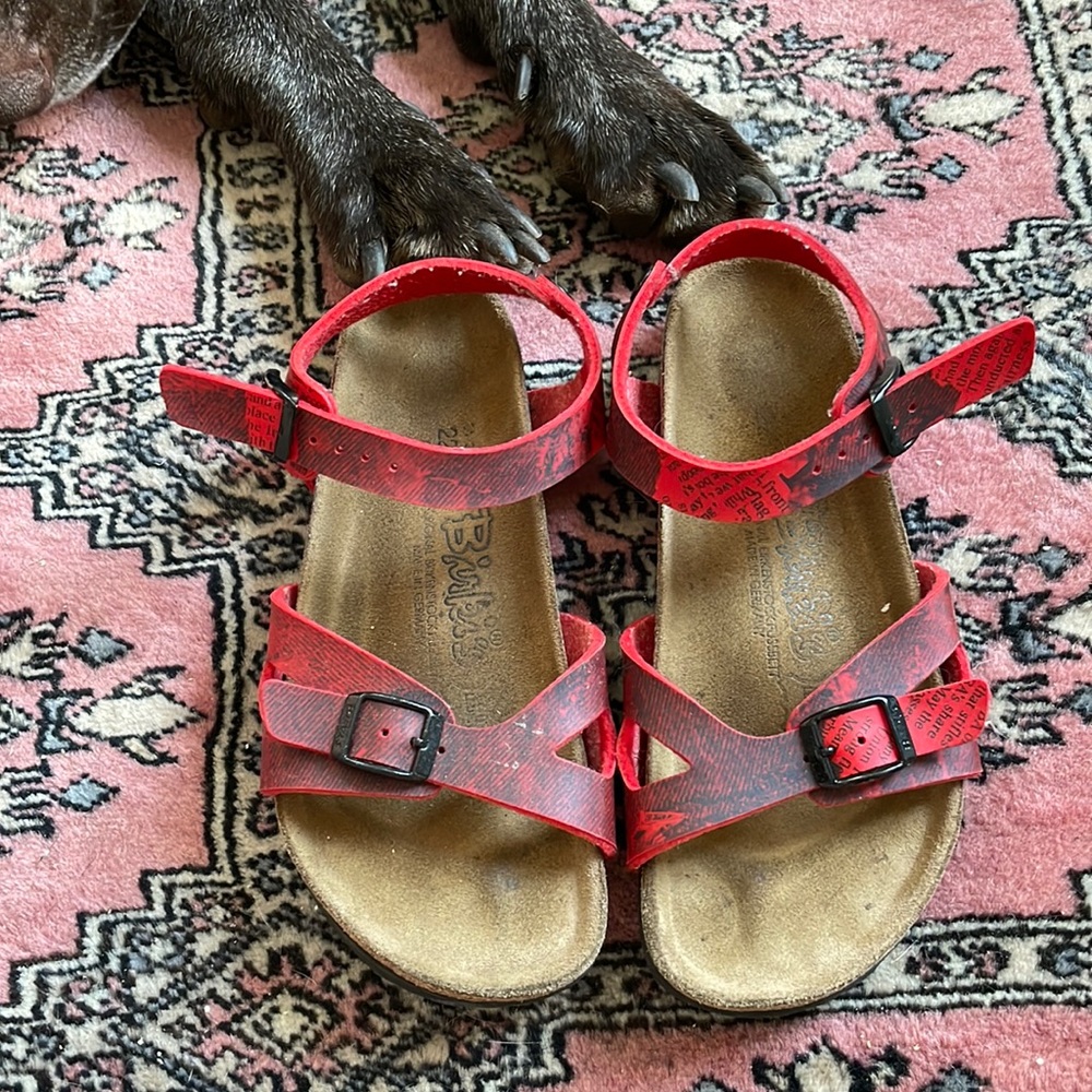 BIRKENSTOCK RED WITH NEWSPAPER PRINT